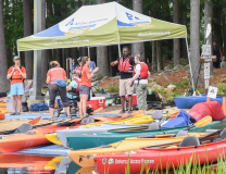 View of the shore and the kayaks with All Out Adventures 