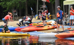 View of the shore and the kayaks with All Out Adventures 