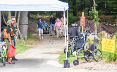 View of hikers returning on path